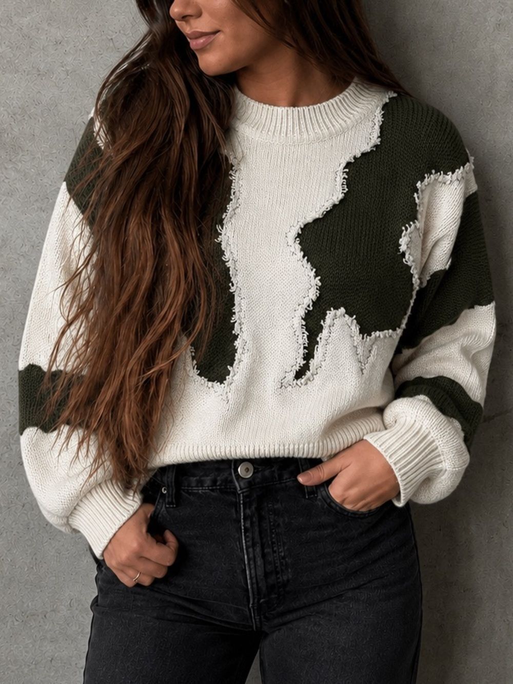 Upcycled Distressed Raw Edges Crewneck Knit Soft Casual Sweater
